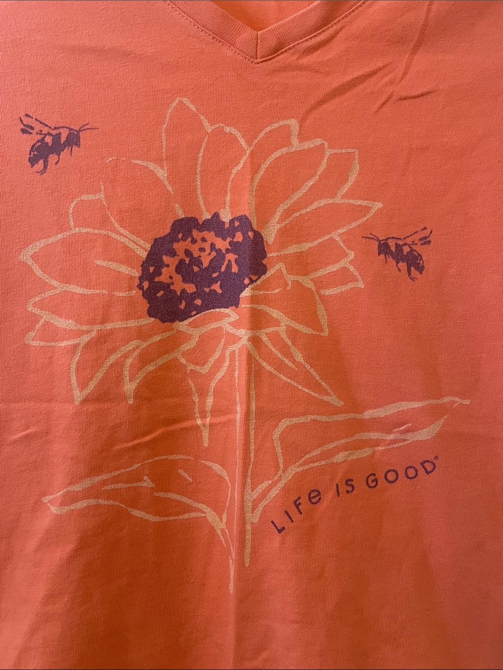 Life Is Good Coral V-Neck Sunflower Tee with Bees